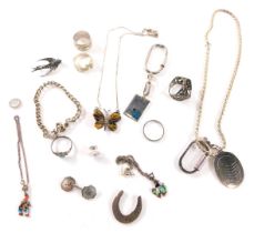 A group of silver and other jewellery, comprising dress ring, marcasite set swift brooch, enamel lad