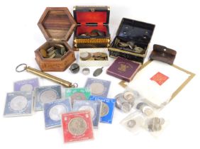 Various coins including crowns, together with Salter brass scales, money box, two treen boxes, etc.