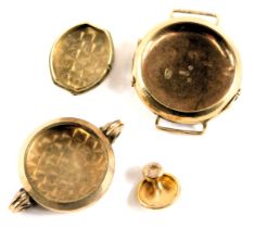 A group of 9ct gold watch cases and a collar stud, 8.3g. (AF)