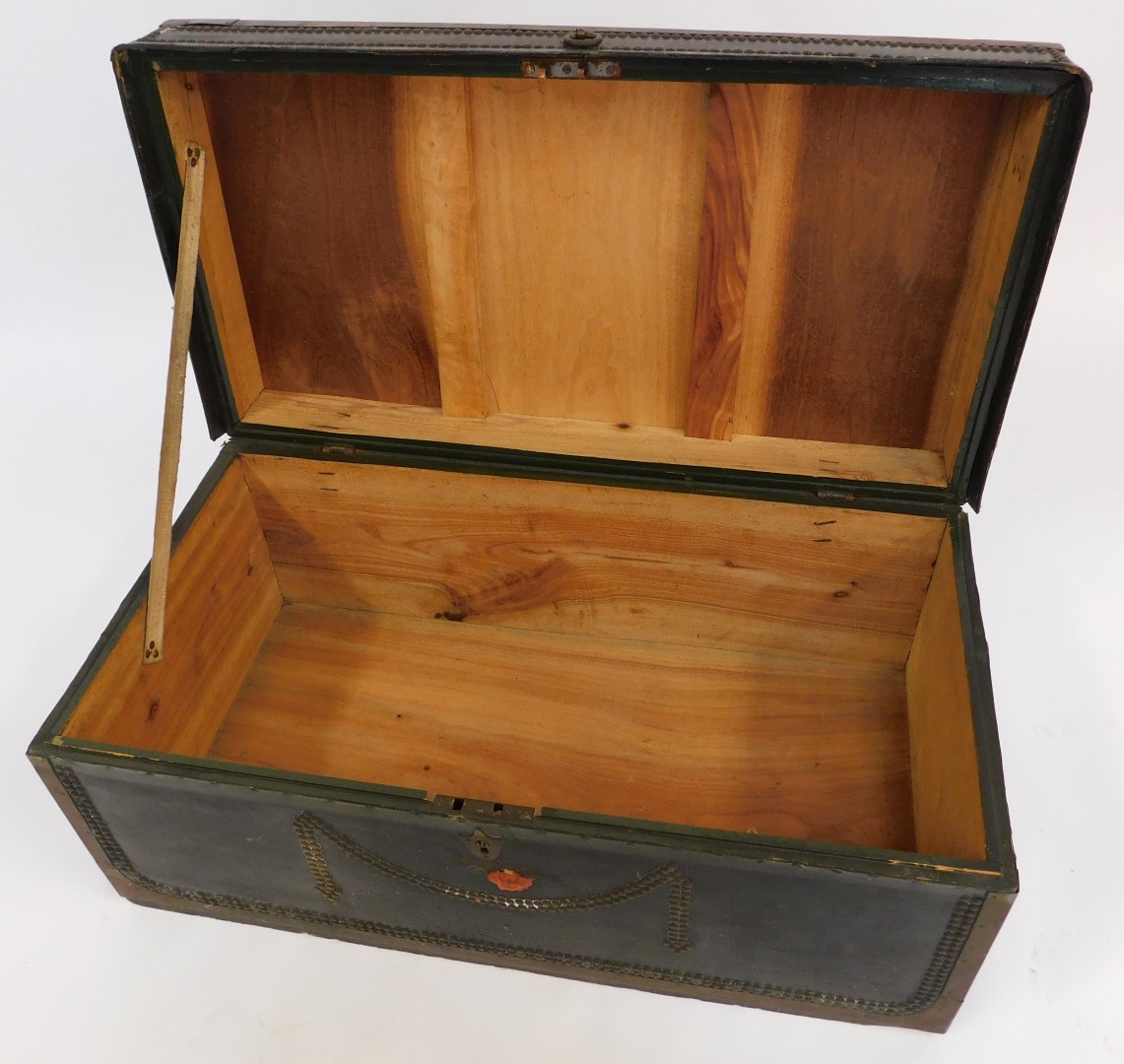 A 19thC leather and brass bound trunk, camphor wood interior, with brass plaque to top for E Lancast - Image 2 of 3