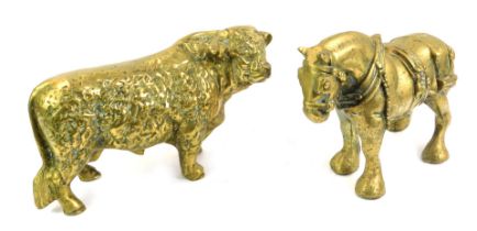 A heavy brass model of a bull, 41cm, and a brass figure of a shire horse, 32cm. (2)