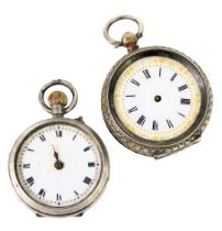 Two white metal cased Continental fob watches, each of a floral engraved design, 55.9g all in. (AF)