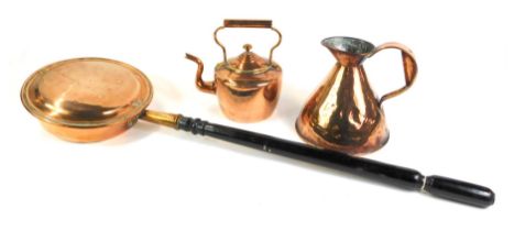 Copperware, comprising a copper warming pan with galvanized handle, 90cm long, copper kettle, 24cm h