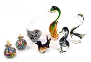 Art Glass, comprising two Murano cane decanters and stoppers, and various Murano animals, to include
