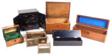 A group of 19thC and later boxes, comprising a camphor wood Oriental jewellery box formed as a wardr
