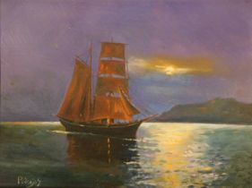 J Martinez Pedrajas (20thC School). Sailing boat at dusk, oil on panel, signed, 16cm x 22cm, in gilt