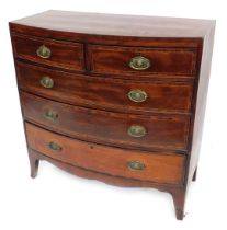 A late George III mahogany bow fronted chest, of two short and three long drawers, with boxwood inla