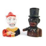 Two novelty metal money banks, comprising The Jester, 20cm high, and gentleman in top hat, 22cm high