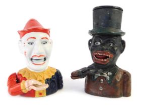 Two novelty metal money banks, comprising The Jester, 20cm high, and gentleman in top hat, 22cm high