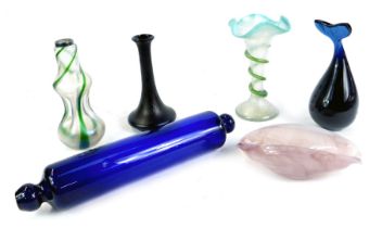 Three Loetz style vases, Wedgwood glass figure of a whale, Bristol Blue glass rolling pin, and an en