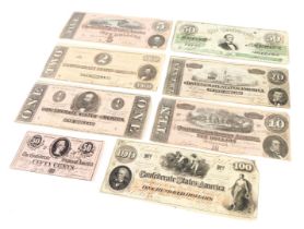 Eight Confederate States of America bank bills, 1862-64, comprising fifty cents, one, two, five, ten