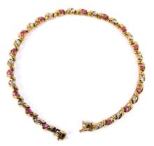 A 9ct gold ruby and diamond line bracelet, on a snap clasp, 5.5g.