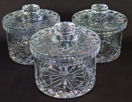 Three cut glass sweet jars, 16cm high, 15cm wide.