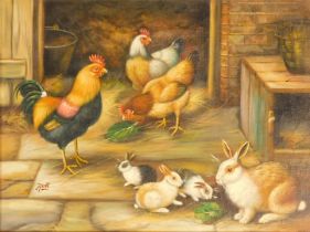 A modern painting of chickens, cockerel and rabbits, oil on canvas, signed Hunt, 29cm x 39.5cm.
