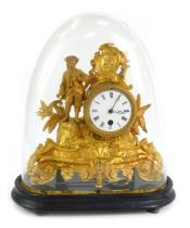 A late 19thC gilt metal mantel clock, circular enamel dial bearing Roman numerals, thirty hour movem