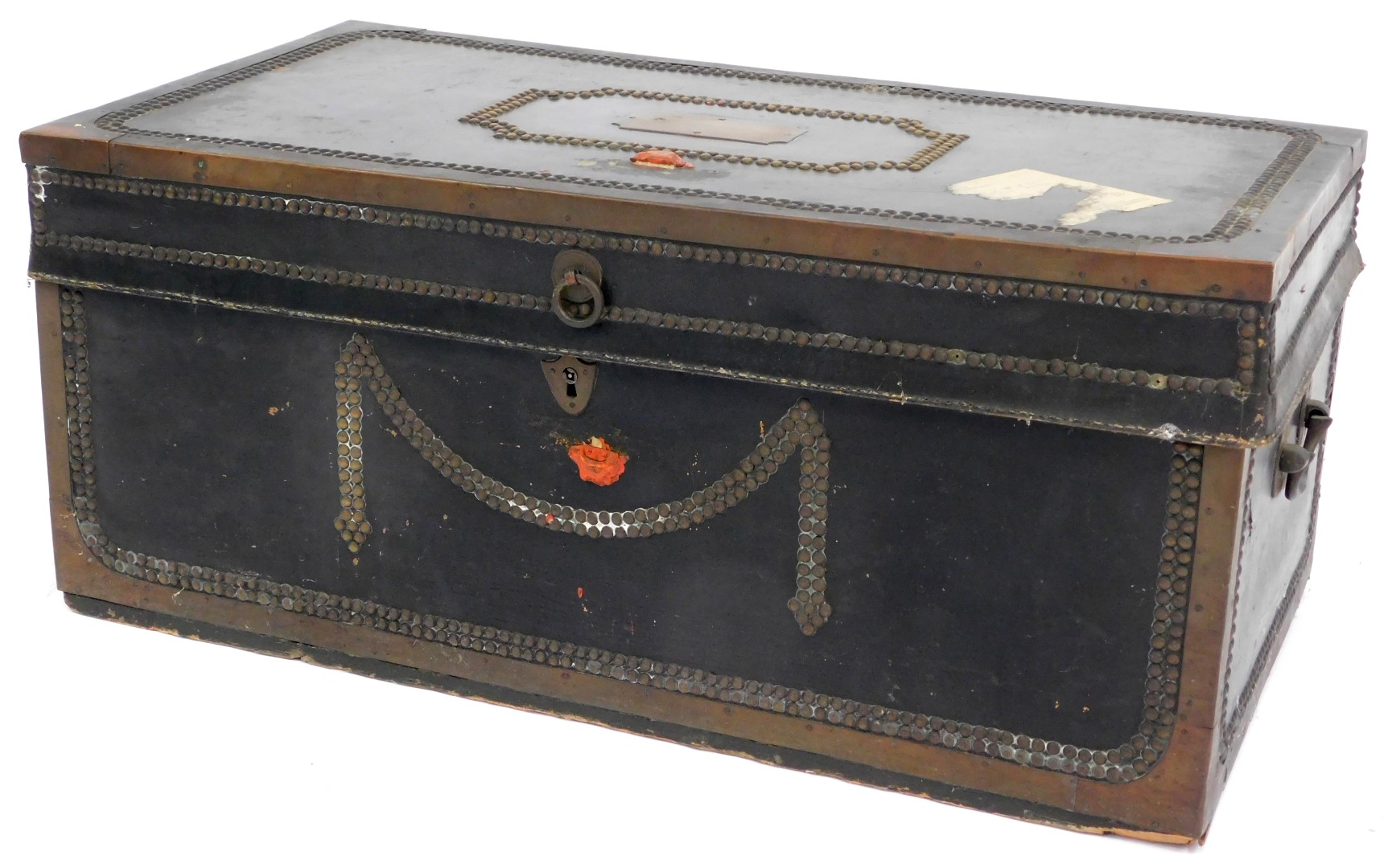 A 19thC leather and brass bound trunk, camphor wood interior, with brass plaque to top for E Lancast