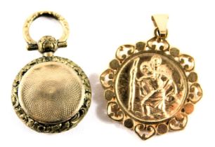 A 9ct gold St Christopher pendant, with petallated border, 2.5cm wide, 3.6g, and a gilt locket penda