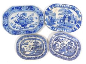 Four 19thC Staffordshire blue and white meat plates, comprising an ironstone china oval Willow patte