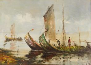 Asian School (20thC). Seascape with fishing vessels, oil on canvas, signed indistinctly, 49cm x 68cm