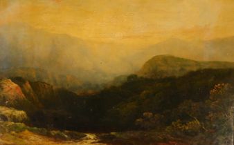 19thC English School. Mountainous landscape, oil on board, unsigned, 29cm x 44cm, in ornate gilt fra