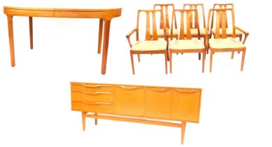A Nathan teak dining suite, comprising extending dining table, with oval top on square legs, 76cm hi