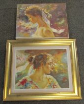 20thC School. Portrait studies of two young women, over painted prints, unsigned, 31cm x 41cm, one f