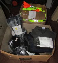 Various work wear, to include fleece helmet liners, polo tops, hi-visibility jackets, etc. (2 boxes)