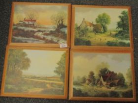 Four decoupage prints, depicting rural scenes, 27cm x 35cm.