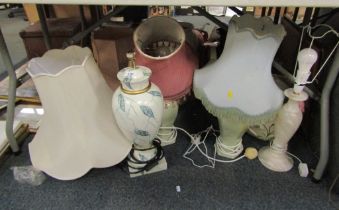 Various table lamps, to include hardstone examples, jardiniere, etc. (contents under 1 table)