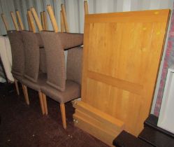 A set of six high back dining chairs, together with an oak dining table, unassembled. (7) The uphols