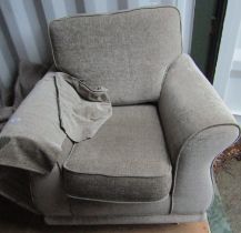 An armchair, upholstered in grey fabric, 96cm wide.