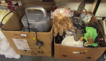 Household effects, to include Regency pattern china, mugs, radio, paperweights, dolls, etc. (2 boxes