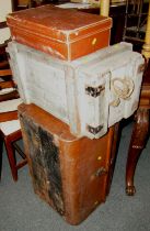 A painted wooden ammunition type box, a metal trunk and a leather case. (3)