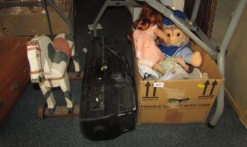 A push along wooden horse, a Boombox radio, doll, meerkat figure etc. (1 box and 2 items)