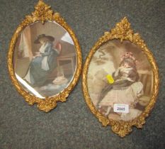 Two 19thC style prints, depicting figures in ornate gilt oval frames.