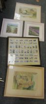 Various pictures, prints, etc., framed Wills cigarette cards, watercolour study of a cottage and bri