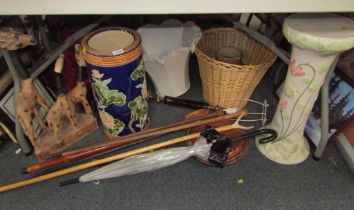 General household effects, to include walking sticks, pottery jardiniere stand, umbrella stand of cy