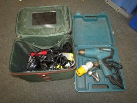 A Makita hot air gun, together with a canvas case containing electrical hair styling equipment.