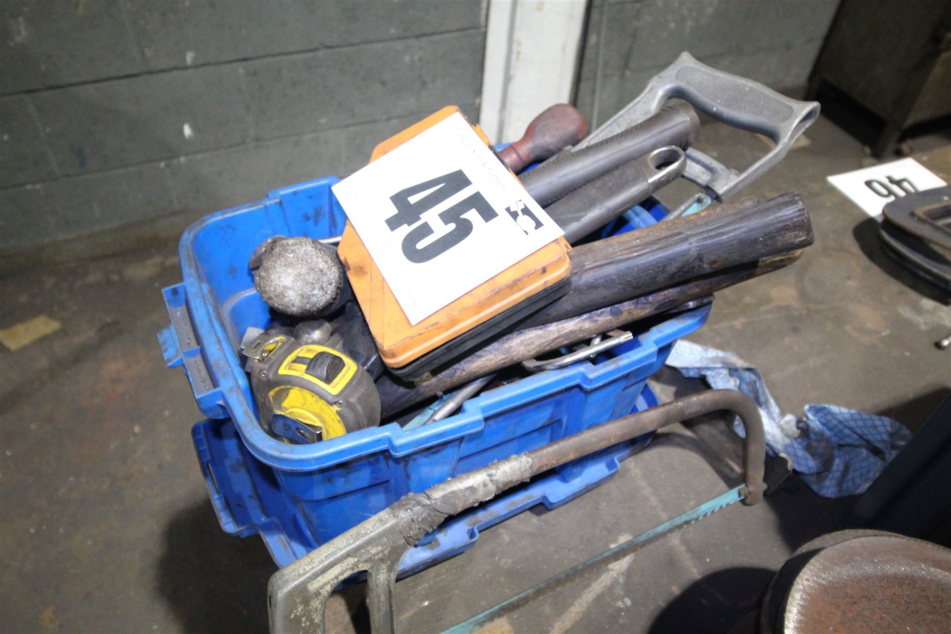 BLUE BOX & CONTENTS OF HAND TOOLS INC. HACKSAWS, ADJUSTABLES, HAMMERS, ETC. & ORANGE BOX OF DRILL