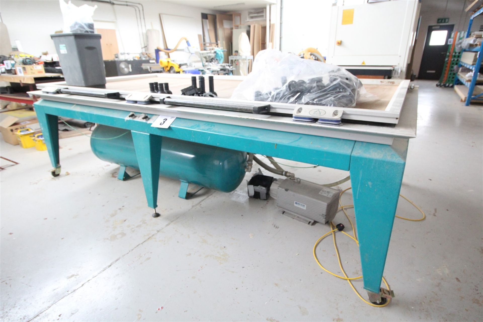 AIR PRESS VACUUM TABLE, INTERNAL DIMENSIONS 53INCH x 114INCH COMPLETE WITH BECKER VACUUM PUMP &
