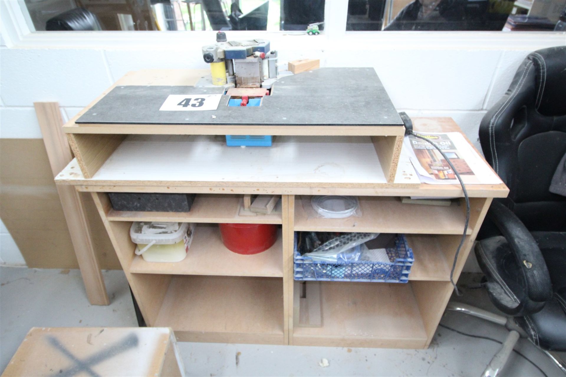 MDF MANUFACTURED CABINET & CONTENTS COMPLETE WITH TABLE TOP, HORIZONTAL 3INCH GLUE DISPENSER