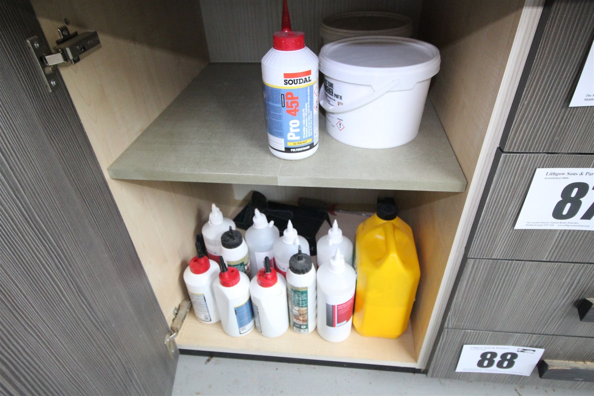 CONTENTS ON SINGLE DOORED CUPBOARD OF BOTTLES OF GLUE