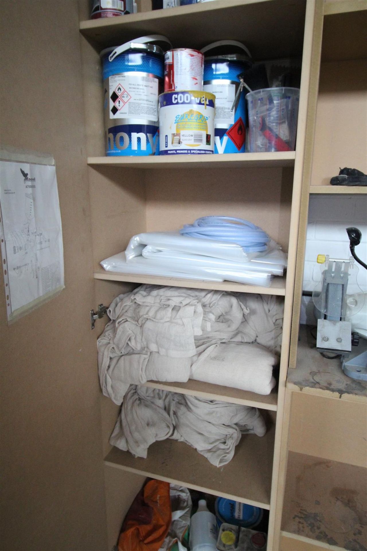 CONTENTS OF 6 SHELVES OF CUPBOARD INC. SOLUTIONS & LACQUERS, DUST EXTRACTION BAGS & DUST COVERS