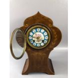 Antique mantle clock with inlay. Blue ground face Cupid decoration, approx 30cm tall winds and