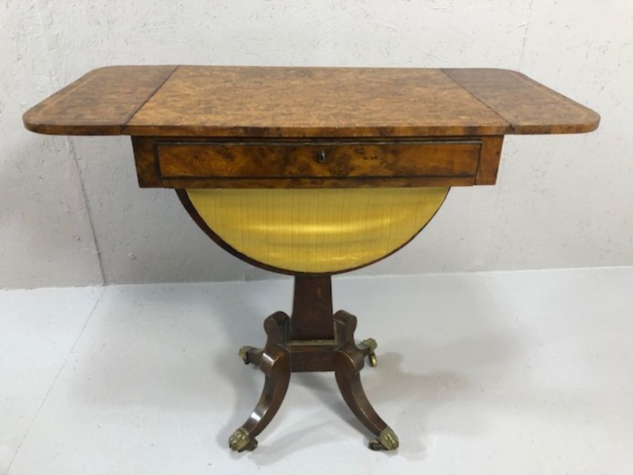 Antique yew work table, the rectangular top with drop leaves and inlaid banding, with narrow - Image 15 of 17