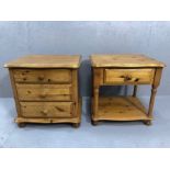 Two pine bedsides, one with three drawers, the other with one drawer and shelf below, each approx