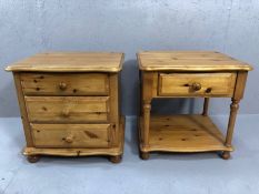 Two pine bedsides, one with three drawers, the other with one drawer and shelf below, each approx