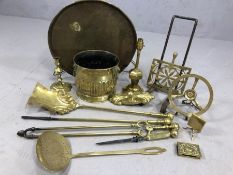 Collection of brass items to include fire side implements etc