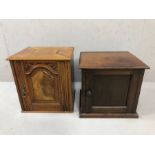 Two small wooden antique single door cupboards, the largest 38cm x 32cm x 40cm