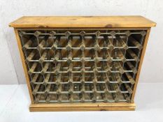 Pine framed wine rack with metal racking, approx 90cm x 27cm x 74cm tall